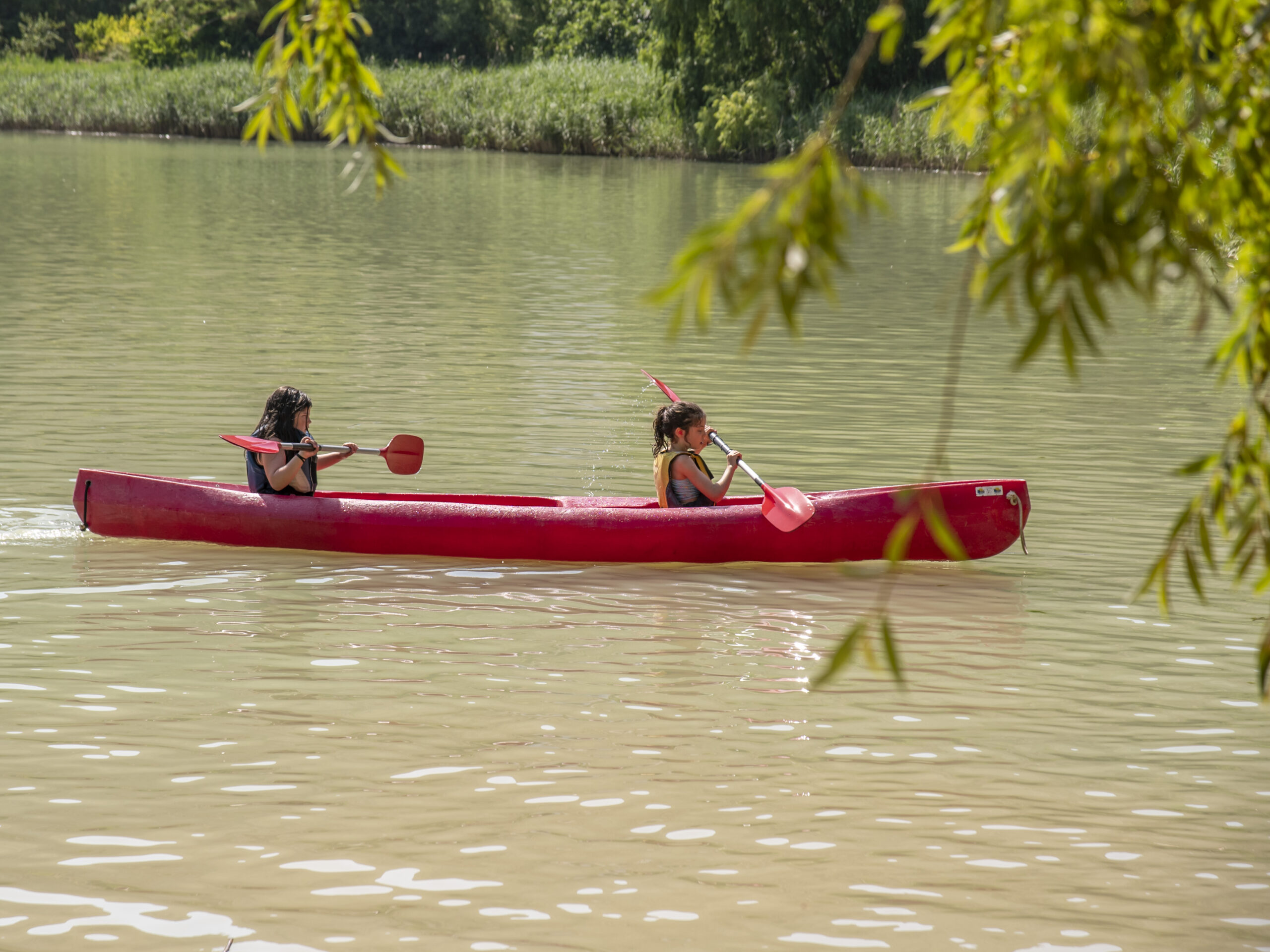 Personas remando en canoa roja en lago.