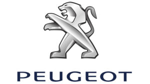 Logotipo de Peugeot con león plateado.